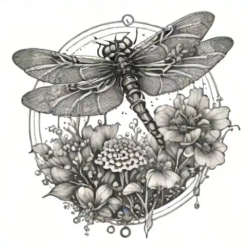 sacred geometry, dragonfly, mushrooms growing tattoo design idea