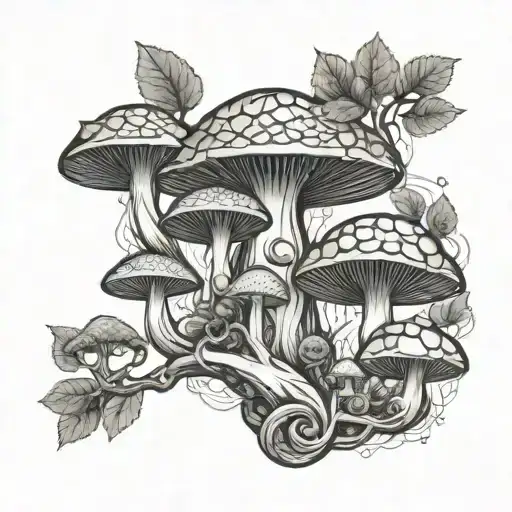mushrooms intertwined with sacred geometry tree tattoo design idea