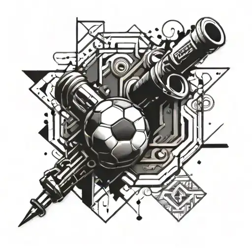 An intricate design combining the Arsenal Cannon with geometric shapes and triangle shapes, symbolizing your love for football and passion for precision. Add the quote 'Be curious, not judgmental' in a stylish font to complete the tattoo idea. tattoo design idea