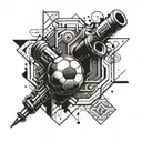 An intricate design combining the Arsenal Cannon with geometric shapes and triangle shapes, symbolizing your love for football and passion for precision. Add the quote 'Be curious, not judgmental' in a stylish font to complete the tattoo idea. tattoo design idea