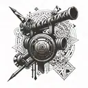 An intricate design combining the Arsenal Cannon with geometric shapes and triangle shapes, symbolizing your love for football and passion for precision. Add the quote 'Be curious, not judgmental' in a stylish font to complete the tattoo idea. tattoo design idea