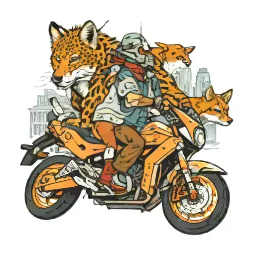 An intricate new-school design featuring a pack of wild animals riding motorcycles through a futuristic cityscape tattoo design idea