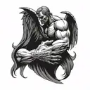 a hand of devil holding one side of the torso and the hand of an angel on the other torso, a man  tattoo design idea