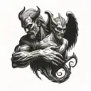 a hand of devil holding one side of the torso and the hand of an angel on the other torso, a man  tattoo design idea