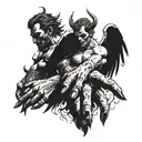 a hand of devil holding one side of the torso and the hand of an angel on the other torso, a man  tattoo design idea