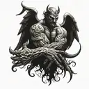 a hand of devil holding one side of the torso and the hand of an angel on the other torso, a man  tattoo design idea