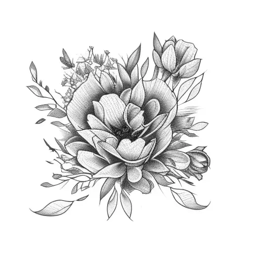 A bouquet of wildflowers intertwined with garters tattoo design idea
