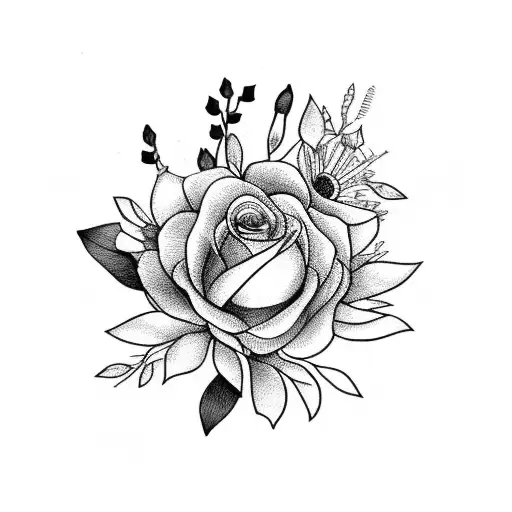 A blackwork design featuring a garter wrapped around a bouquet of wildflowers tattoo design idea