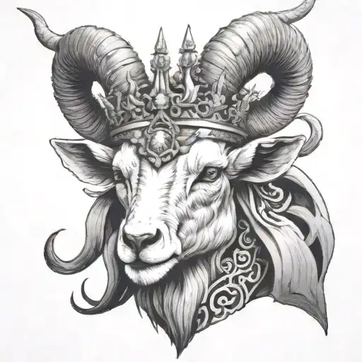 Skeleton of goat’s face with horns. Wearing a crown. With horns coming out of the crown. Goat’s face must be bones. Shou tattoo design idea