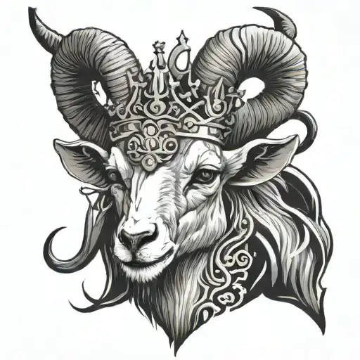Skeleton of goat’s face with horns. Wearing a crown. With horns coming out of the crown. Goat’s face must be bones. Shou tattoo design idea