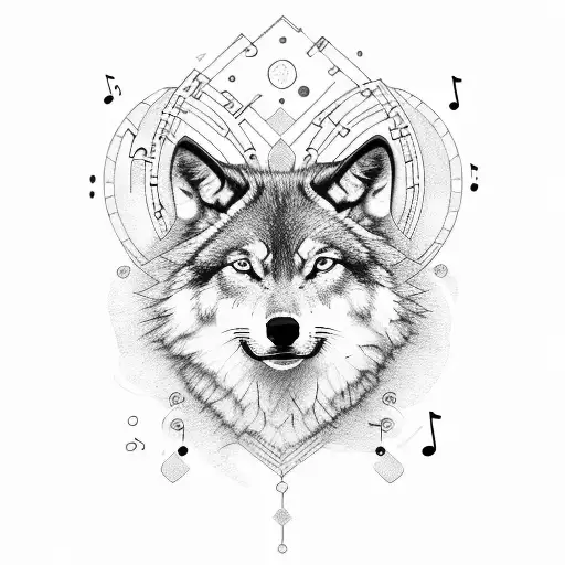 A stock trading graph transformed into a musical staff with wolves as musical notes tattoo design idea