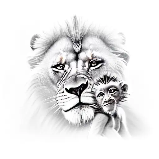 Lion king protecting baby monkey, baby jaguar tattoo design idea