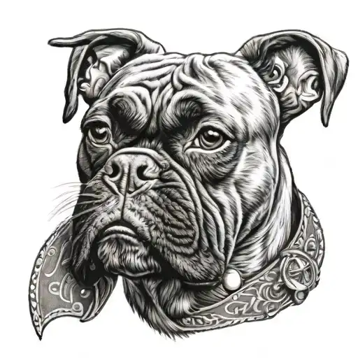 A realistic portrait of a boxer dog wearing a Harley Davidson bandana tattoo design idea