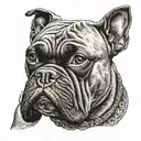 A realistic portrait of a boxer dog wearing a Harley Davidson bandana tattoo design idea
