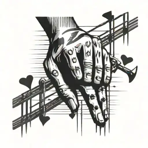 prison bars with male hand reaching out and grabbing female hand on the outside, music notes and hearts   tattoo design idea