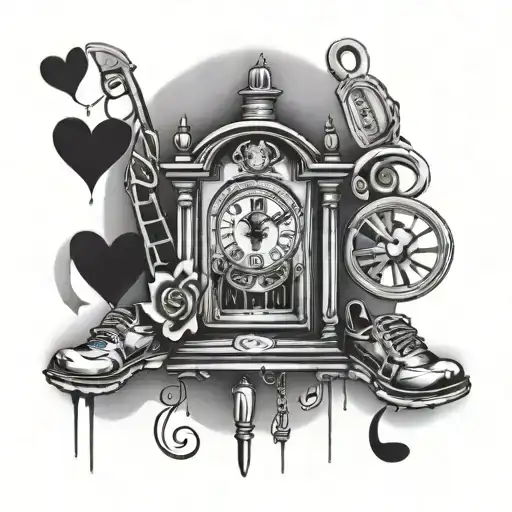prison bars, music notes, hearts, woman crying eyes, grandfather clock, car wash sign , toe tag tattoo design idea