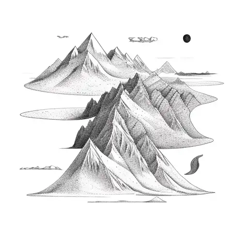 A sun rising over a mountain range made up of different languages tattoo design idea