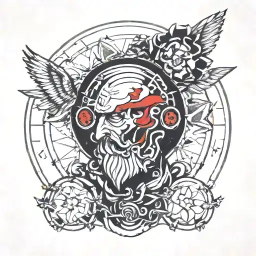 I want you to create tattoo kind of minimalist, with a god with a halo, all red  shown on the back of the neck kind of tattoo design idea