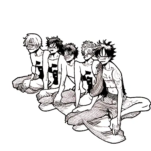 A dotwork tattoo featuring Luffy, Sanji, and Zoro's most epic moments tattoo design idea