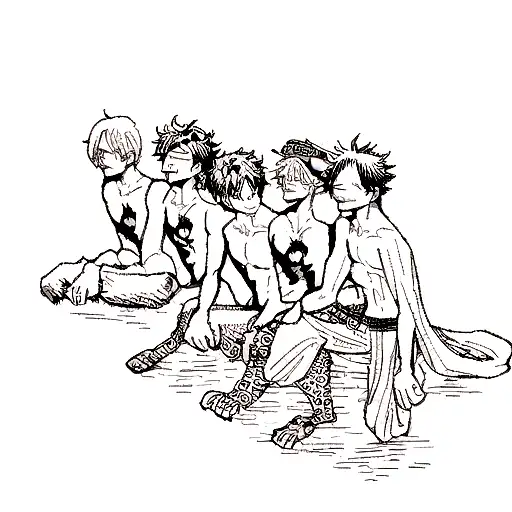 A dotwork tattoo featuring Luffy, Sanji, and Zoro's most epic moments tattoo design idea