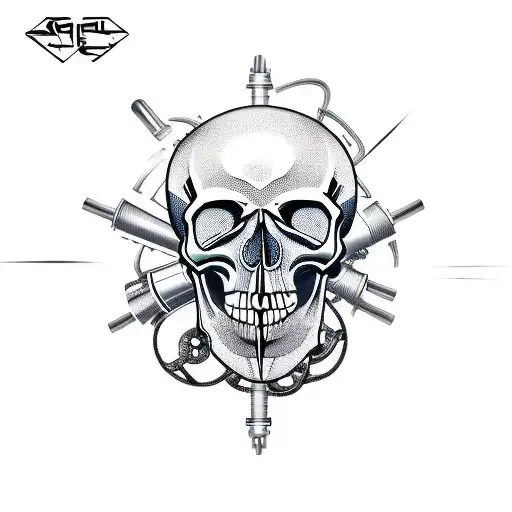 A new-school style tattoo of a mechanical skull with rock music elements tattoo design idea