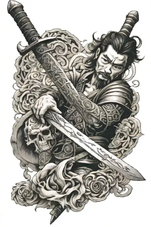 a sword engraved with quotes from miyamoto musashi and marcus Aurelius  tattoo design idea
