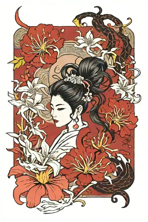 bloodmoon, samari, chery blossom, spider lily,  tattoo design idea