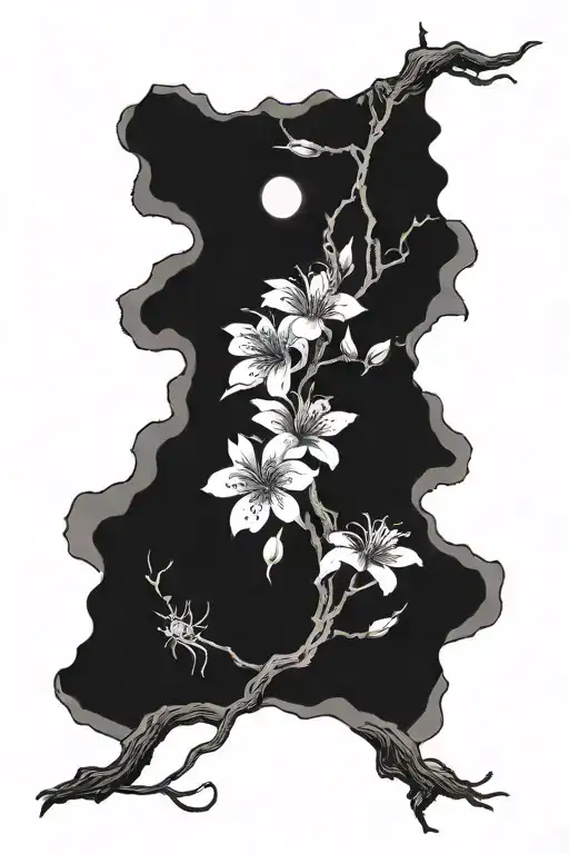 samari, cherry blossom tree, blood moon, spider lily tattoo design idea