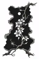 samari, cherry blossom tree, blood moon, spider lily tattoo design idea