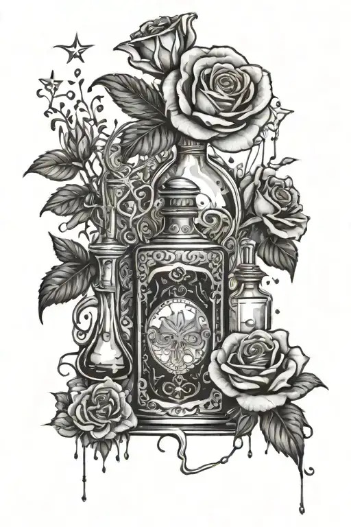 tarot cards with roses and potion bottles and amethesty crystals  tattoo design idea