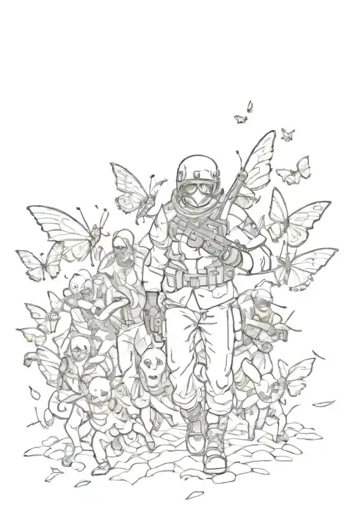 A creepy anime-inspired soldier battling a horde of zombies, with butterflies fluttering around them tattoo design idea