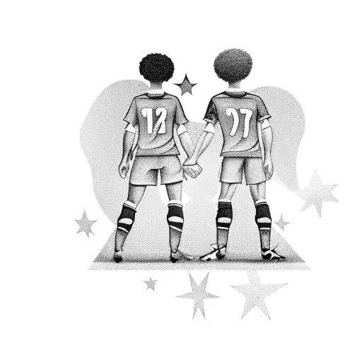 A black-grey design of a soccer player holding hands with Maya, surrounded by 17 stars tattoo design idea