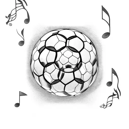A soccer ball surrounded by musical notes and flowers tattoo design idea