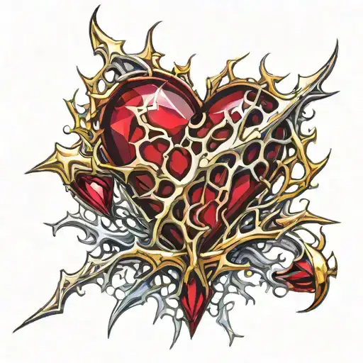 Crystal Deep Red Heart, The word "Ruby" in gold underneath, intricate silver thorns twisting around tattoo design idea