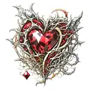 Crystal Deep Red Heart, The word "Ruby" in gold underneath, intricate silver thorns twisting around tattoo design idea