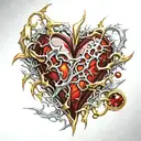 Crystal Deep Red Heart, The word "Ruby" in gold underneath, intricate silver thorns twisting around tattoo design idea