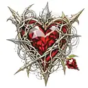 Crystal Deep Red Heart, The word "Ruby" in gold underneath, intricate silver thorns twisting around tattoo design idea