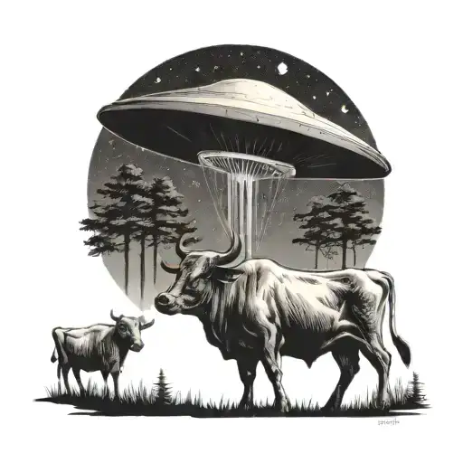 classic alien ship abducting a cow in a forest tattoo design idea