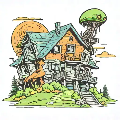 alien invasion abandone house mountains tattoo design idea