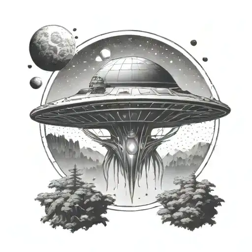 classic alien spaceship over a florest tattoo design idea