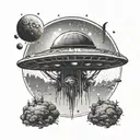 classic alien spaceship over a florest tattoo design idea
