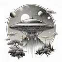 classic alien spaceship over a florest tattoo design idea