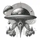 classic alien spaceship over a florest tattoo design idea