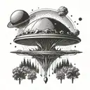 classic alien spaceship over a florest tattoo design idea