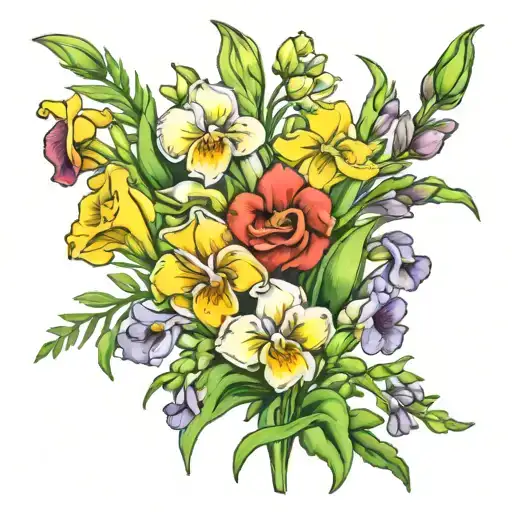 bouquet of freesias, gladioli and pansies tattoo design idea