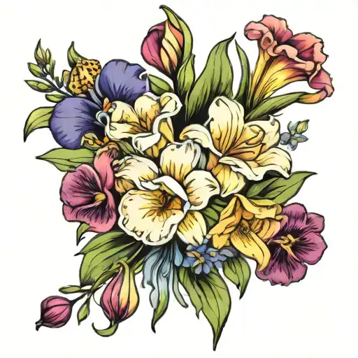bouquet of freesias, gladioli and pansies tattoo design idea