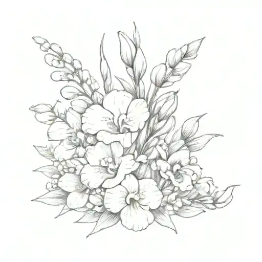 bouquet of freesias, gladioli and pansies tattoo design idea