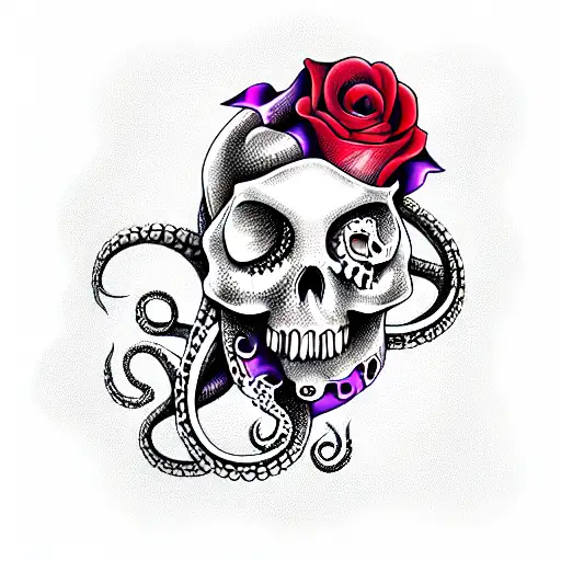 Purple octopus with black skull and red rose in tentacle tattoo design idea