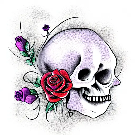 purple tentacles in skull with red rose tattoo design idea