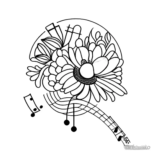 a banjo, as the neck goes up it turns into wild flowers, thin line tattoo design idea